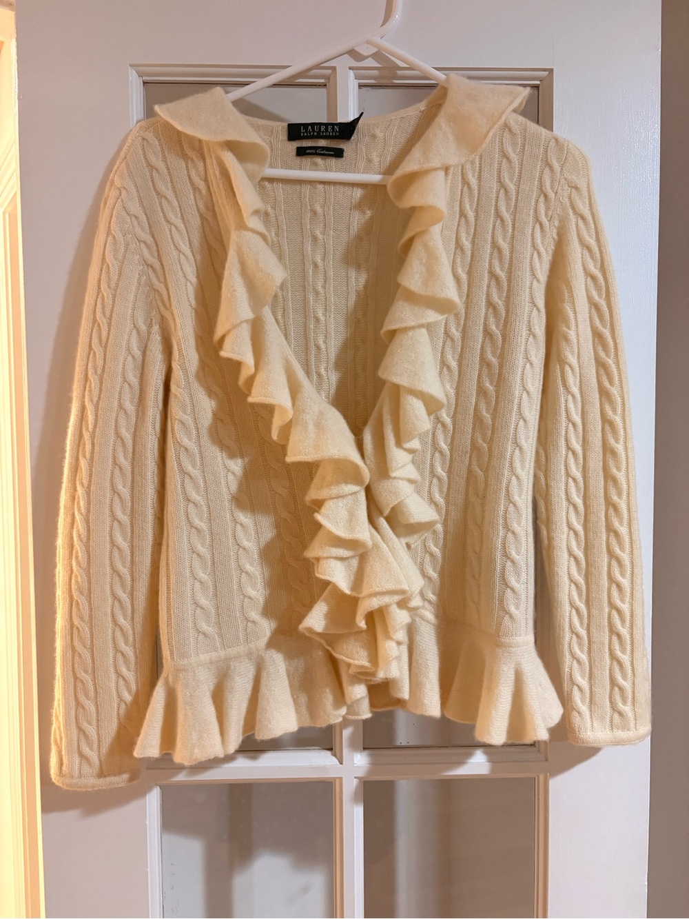 Lauren Ralph Lauren Cream Ruffled 100% Cashmere Knit Sweater